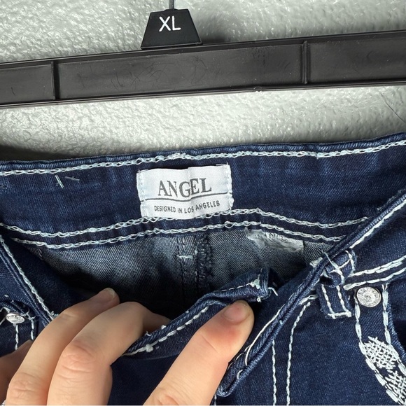 Angel Dark Wash Embroidered Pockets Womens Jeans Zipper Pull On Flare Boot Cut - Picture 4 of 10